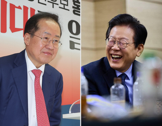 왼쪽부터 국민의힘 제21대 대선 2차 경선 탈락 후 정계은퇴·탈당 선언한 홍준표 전 대구광역시장, 이재명 더불어민주당 대선후보.<연합뉴스 사진·이재명 더불어민주당 제21대 대선후보 페이스북 사진>
